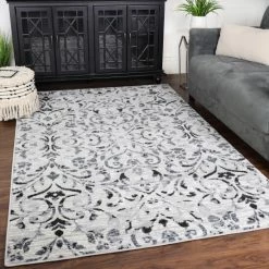 New ✨ Miranda Haus Arrigo Traditional Floral Scroll Area Rug Platinum 🎉
