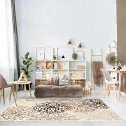 Flash Sale 🛒 Miranda Haus Non-Slip Modern Floral Medallion Indoor Area Rug Beige 👏