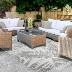 Deals ⌛ Miranda Haus Botanical Leaves Polypropylene Indoor/Outdoor Area Rug Grey ✔️ -Miranda Haus Shop unnamed file 2780