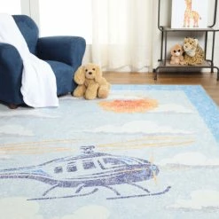 Discount 🎁 Miranda Haus World Traveler Helicopter Polyester Indoor Kids' Area Rug Cerulean Blue 🎉 -Miranda Haus Shop unnamed file 3490