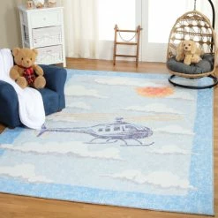 Discount 🎁 Miranda Haus World Traveler Helicopter Polyester Indoor Kids' Area Rug Cerulean Blue 🎉 -Miranda Haus Shop unnamed file 3491
